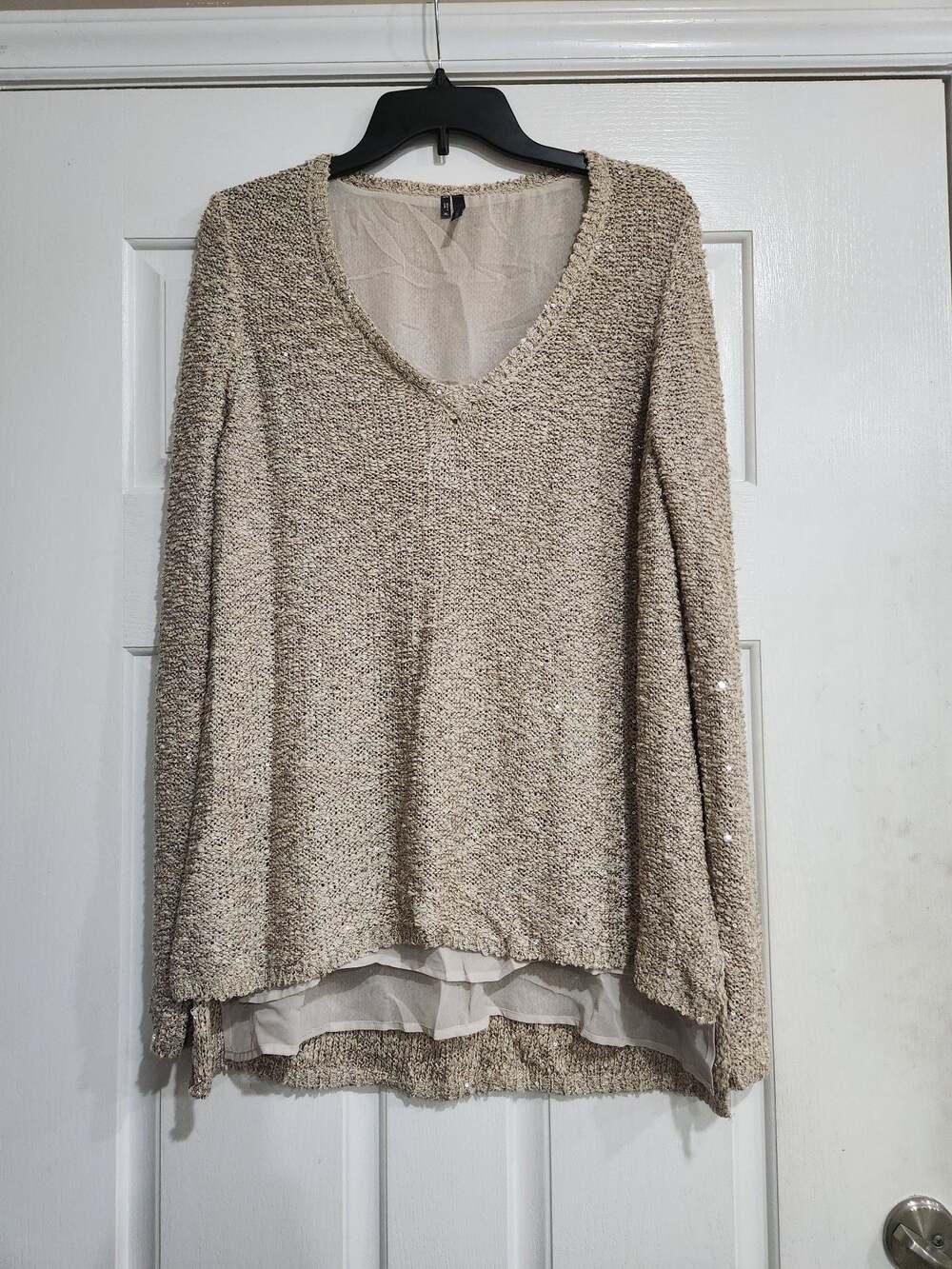 Maurices Beige Sequin-Embellished V-Neck Long-Sleeve Knit Top
